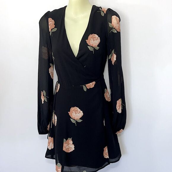 Reformation Dress Black Pink Floral Wrap Mini New Without Tags Sz XS - Picture 5 of 7